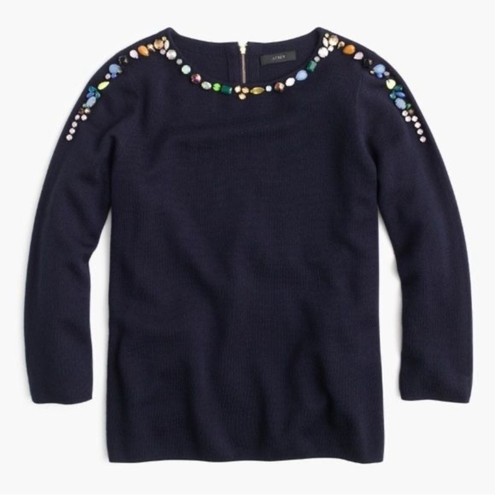 J. Crew Jeweled Crewneck Sweater Navy